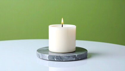 White Candle on Stone Coaster on Pastel Sage Tabletop with Calm Reflective Surface