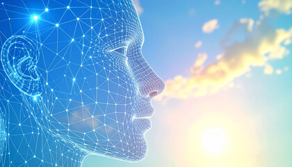3D human Head profile web like design consisting of the shape of the head portrait head on blue cloud background