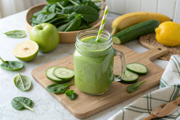 Green Smoothie with Fresh Ingredients &ndash; Healthy Outdoor Beverage on Rustic Cutting Board
