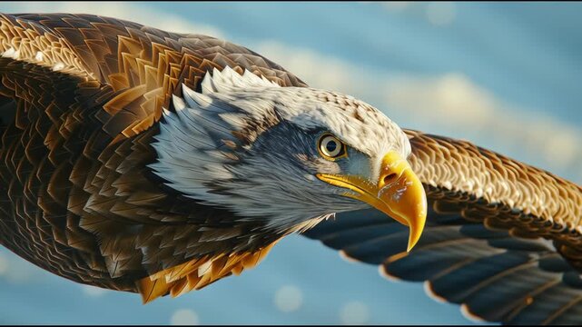 Majestic Eagle in Flight Focused Bird with Powerful Wings and Sharp Beak in Natures Splendor, Showcasing Determined Gaze