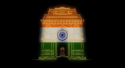India Gate monument illuminated with the colors of the Indian flag against a black background, glowing effect.