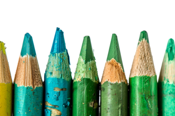 Closeup of well used colored pencils teal and green hues