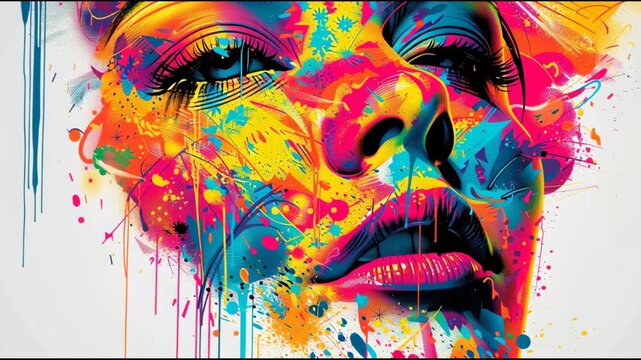 Vibrant Portrait of Woman Face Blending Urban Elements with Whimsical Pop Art and Colorful Expression, Featuring Vivid Colors