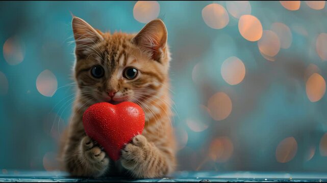 Adorable Cute Kitten Holding Red Heart Against Bokeh Background, Symbolizing Love and Affection, Perfect for Valentine Day