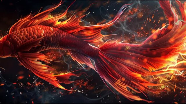 Vibrant Fiery Fish with Flowing Fins in Mystical Underwater Scene Exuding Energy and Movement Through Dark Smoky Background