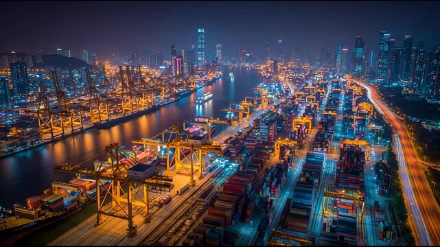 Aerial Night Cityscape Vibrant Coastal Urban Port with Illuminated Skyscrapers and Bustling Lights