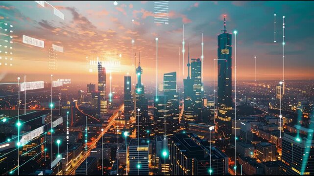 Futuristic Skyline with Digital Overlays and Layered Rooftop Solar Arrays at Sunset, Showcasing Modern Cityscape and Technology Integration