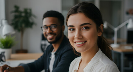 Confident diverse colleagues smiling brightly in a modern office, capturing teamwork and professional success in a vibrant collaborative environment generative ai.