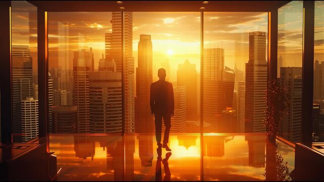 Luxurious Office Man in Suit Gazes at Modern Cityscape Skyline During Vibrant Sunset, Creating Majestic and Ambitious Atmosphere