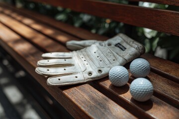 Well-used white golf glove and three golf balls resting on a wooden bench.