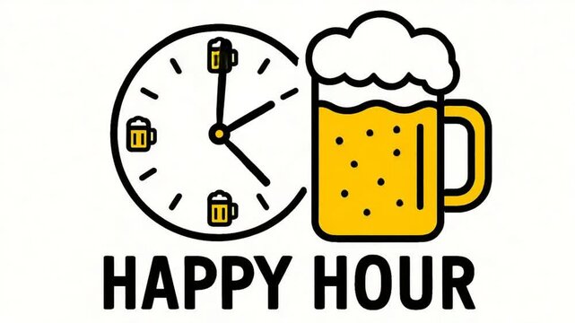 Happy Hour Concept with Clock and Beer Mug Icon in Minimalist Design