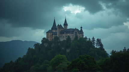 Fototapeta premium Magnificent Castle Perched atop a Verdant Hill under a Dramatic Sky