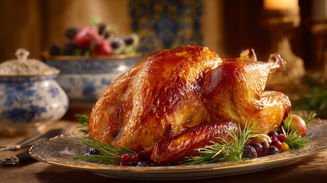 Deep fried turkey with crispy golden skin carved on a festive Thanksgiving dinner table