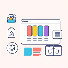 Line style icons of project management: branding assets icon, project logo tag, visual identity badge, color style guide screen, tone of voice panel, template design card, brand consistency layout.