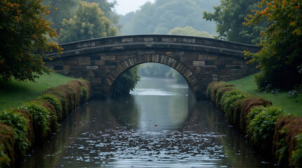 Fototapeta premium Picturesque Stone Bridge Over Calm Waterway Surrounded by Lush Greenery