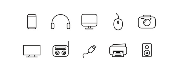 Black outline icons of ten electronic devices on a white background