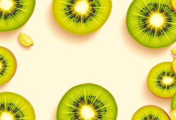 Fototapeta premium Juicy kiwi fruit seamless pattern, top & side views on beige background Summery, fresh design, fruit, green