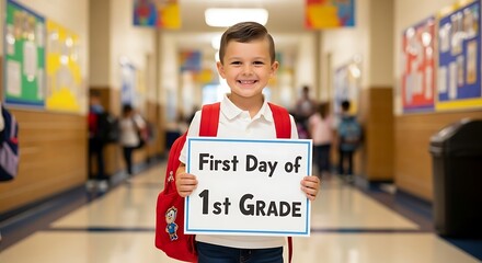 A smiling young boy holding a first day of first grade sign in a school hallway with a red backpack