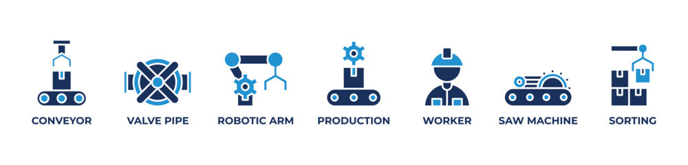 Automated Excellence Icons set vector illustration blue with Conveyor, Valve pipe, Robotic arm, Production, Worker, Saw machine, Sorting