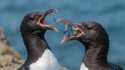 A pair of Razorbills (Alca torda) with beaks open and the sea behind on Farne Islands, Northumberland, UK in April, Springtime