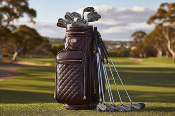 Luxurious brown leather golf bag with clubs on a green golf course under sunny skies.