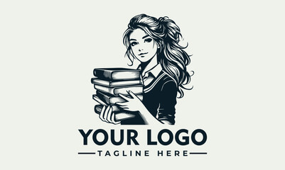 Vintage style logo featuring a woman holding a stack of books, representing education and knowledge.