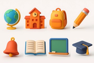 3D Education Icons Set with School, Book, Bell, and Graduation Cap &ndash; Colorful Learning and Classroom Symbols


