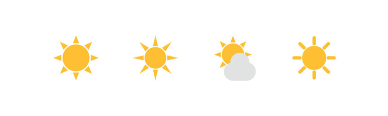 Four distinct yellow sun and cloud weather icons on a white background arranged horizontally