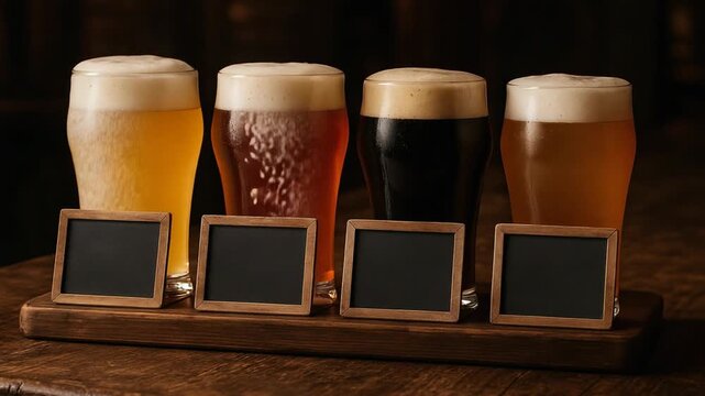 Variety of Craft Beers in Glasses with Blank Chalkboard Signs on Wooden Bar Counter
