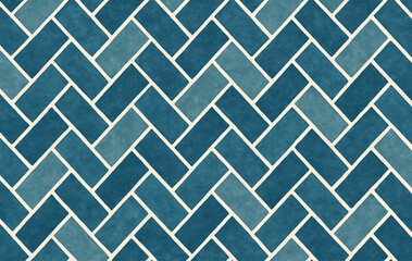手書き風ヴィンテージ・ヘリンボーン柄、青系タイル調の幾何学パターン/Vintage Hand-drawn Herringbone Pattern in Blue Tile Style, Geometric Design