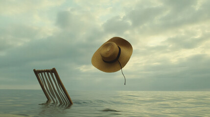 A straw hat floats above a submerged beach chair.