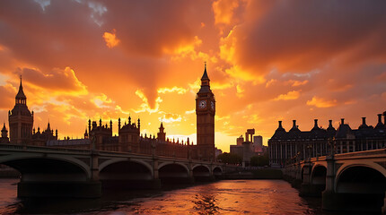 Naklejka premium Spectacular sunset over the iconic Houses of Parliament and Big Ben in London