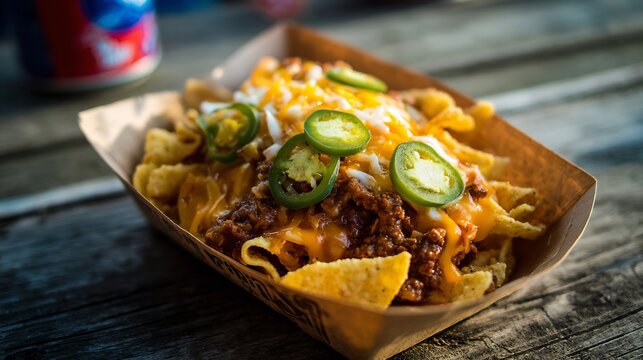 Frito pie with chili cheese and jalapeos layered in an open snack bag at a county fair