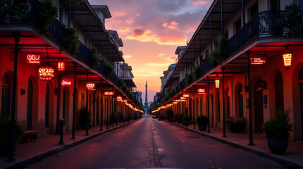 Enchanting twilight scene in New Orleans, showcasing the allure of the French Quarter