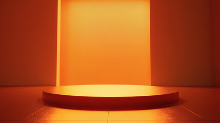 Illuminated orange pedestal display in a minimalist setting.