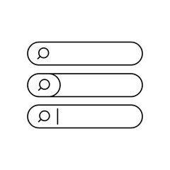 Three distinct black outlined search bar icons with magnifying glasses one featuring a cursor on a white background