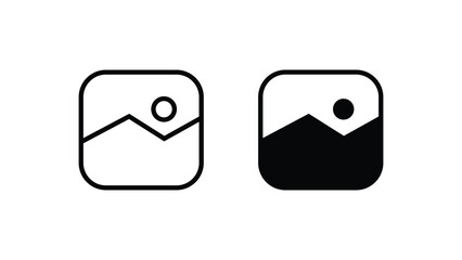 Two monochrome rounded square icons depicting a stylized landscape with mountains and a sun one outline one solid