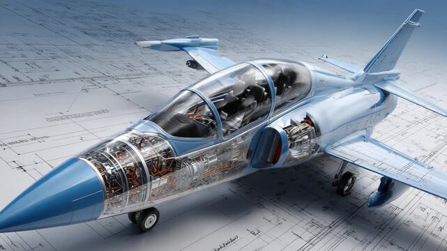 Aerospace Blueprint: A highly detailed and realistic image showcasing a jet aircraft cutaway, offering an in-depth view of its internal components and design.