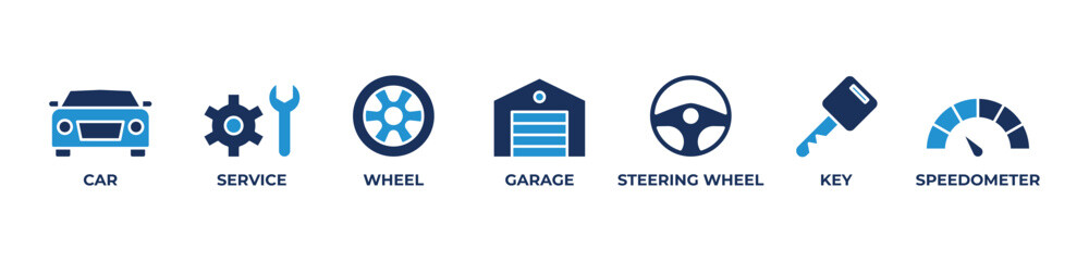 Complete Car Care Icons set vector illustration blue with Car, Service, Wheel, Garage, Steering wheel, Key, Speedometer
