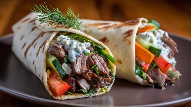 Gyro inspired wrap with shaved lamb tzatziki and vegetables adapted with American fusion flair