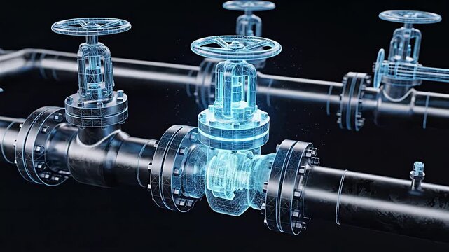 Futuristic animation of an industrial pipeline with a glowing blue wireframe hologram of a valve on a black background
