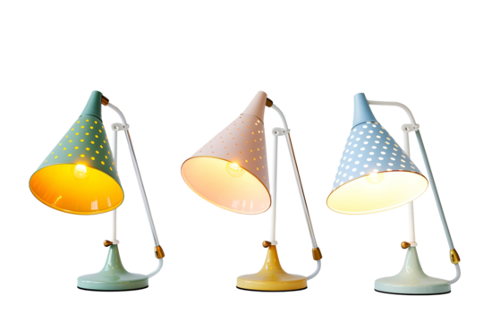 Three pastel colored desk lamps with polka dots illuminate a dark background