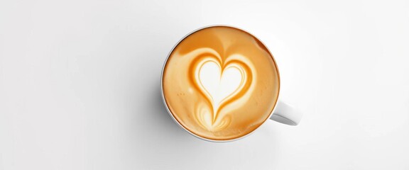 Obraz premium Overhead view of a latte cup featuring a miniature heart rosetta in creamy milk foam, isolated on white , aroma, heart