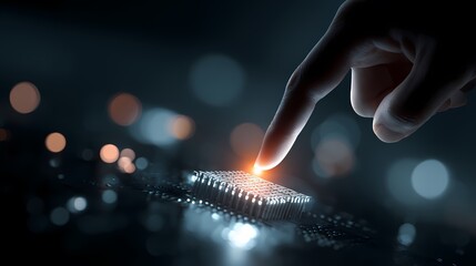 Finger touching a microchip on a dark background with bokeh effect lights