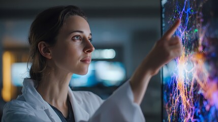 Woman in lab coat interacting with a digital display showing data art