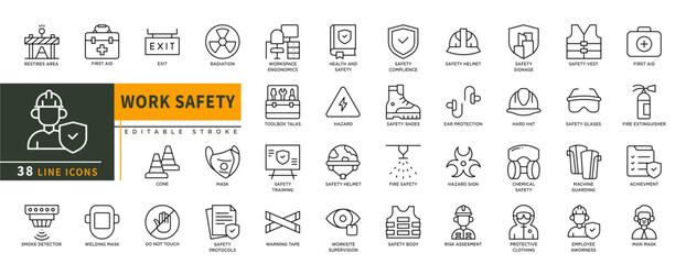 Minimalist Work Safety line icon set with editable stroke, featuring mask, safety body, shoes, helmet, toolsbox talks, fire safety, hazard sign, firs aid, chemical safety, machine guard. illustration.