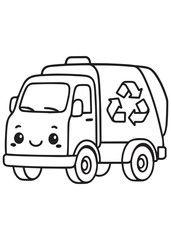 Coloring book  recycling truck with a happy face.