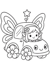 Coloring book fairy driving a magical butterfly car.