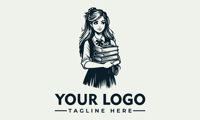 A young woman holding a stack of books, depicted in a vintage illustration style, with logo text.