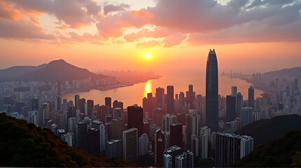 Hong Kong Skyline at Sunset: A Vibrant Urban Landscape with Dramatic Sky